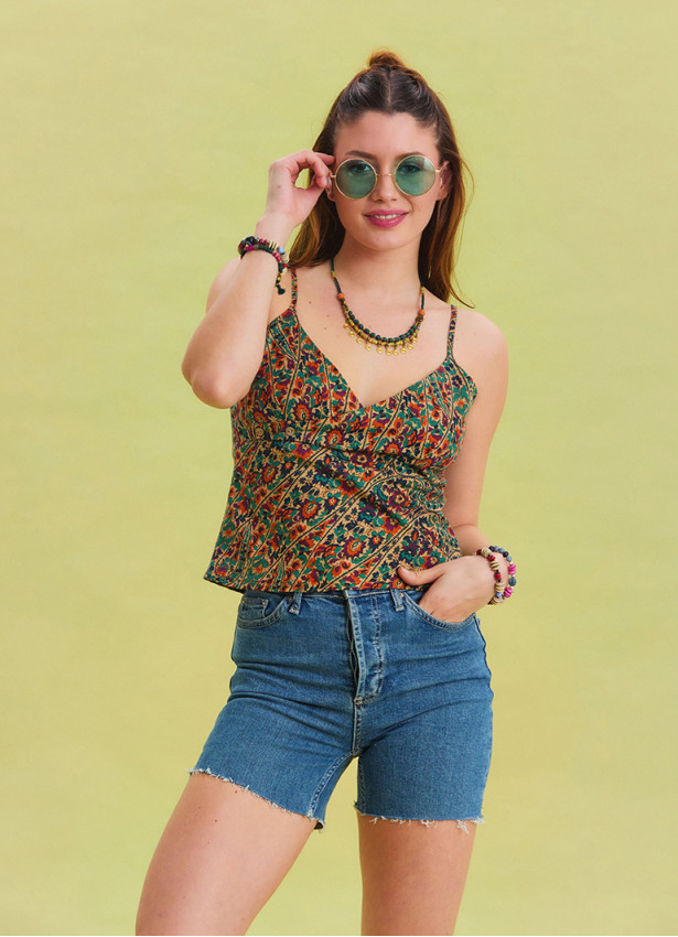 Flower Printed Thin Straps Adjustable Green Crop Blouse 4439